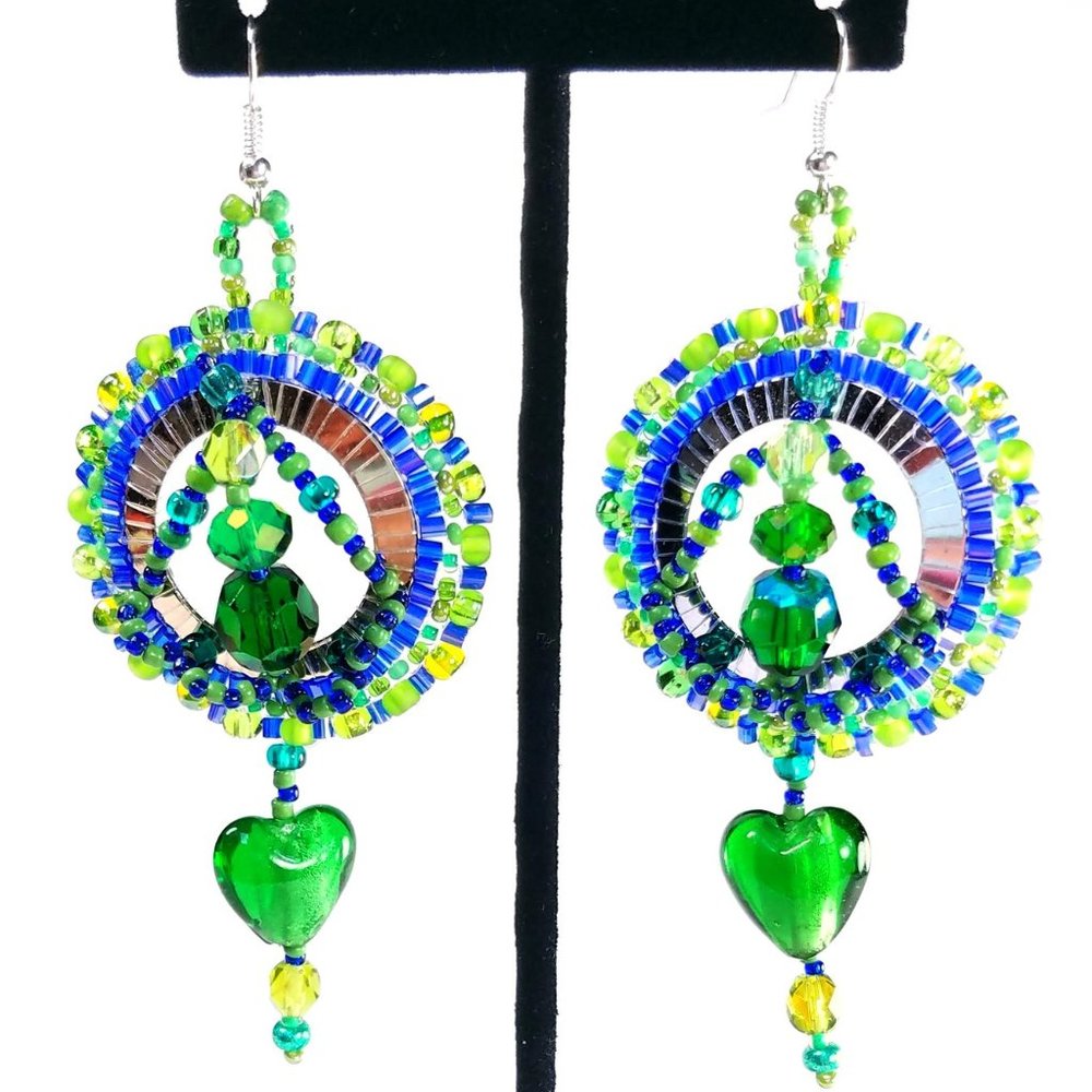 Emerald Green Hearts Beaded Dangling Earrings, Gift for Her